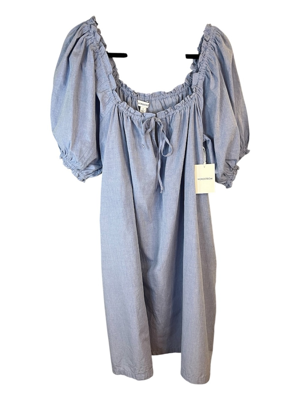 Nordstrom Beachy Light Blue Tie-Neck Peasant mini shift dress